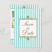 Aqua, White Stripes Gold Scroll Save the Date Kaar (Voorkant / Achterkant)