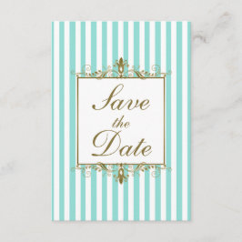 Aqua, White Stripes Gold Scroll Save the Date Kaar