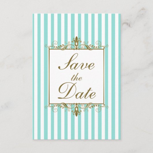Aqua, White Stripes Gold Scroll Save the Date Kaar (Voorkant)