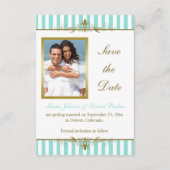 Aqua, White Stripes Gold Scroll Save the Date Kaar (Achterkant)