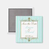 Aqua, White Stripes Gold Scroll Save the Date Magneet (Voorkant / Achterkant)
