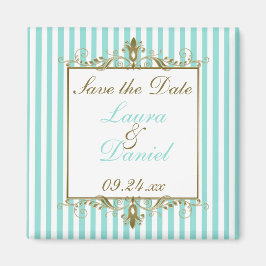 Aqua, White Stripes Gold Scroll Save the Date Magneet
