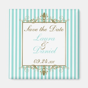 Aqua, White Stripes Gold Scroll Save the Date Magneet
