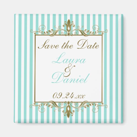 Aqua, White Stripes Gold Scroll Save the Date Magneet (Voorkant)