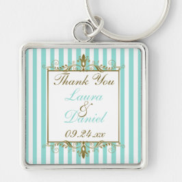 Aqua, White Stripes Gold Scrolls Wedding Favor Sleutelhanger