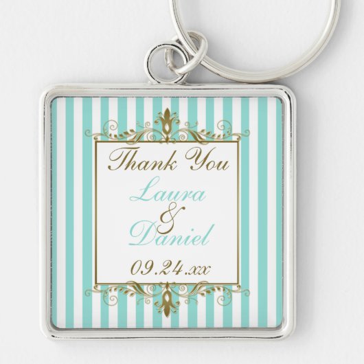 Aqua, White Stripes Gold Scrolls Wedding Favor Sleutelhanger (Voorkant)