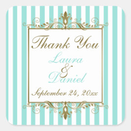 Aqua, White Stripes Gold Scrolls Wedding Favor Vierkante Sticker