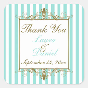 Aqua, White Stripes Gold Scrolls Wedding Favor Vierkante Sticker