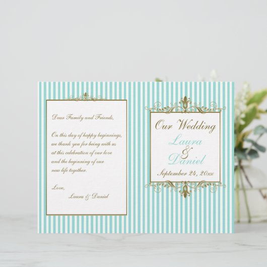 Aqua, White Stripes Gold Scrolls Wedding Program (Staand voorkant)