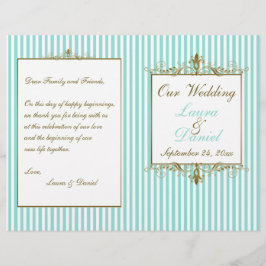 Aqua, White Stripes Gold Scrolls Wedding Program