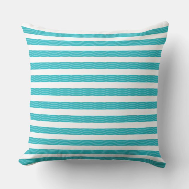 Aqua | White Waves Stripes strandstijl patroon Kussen (Voorkant)