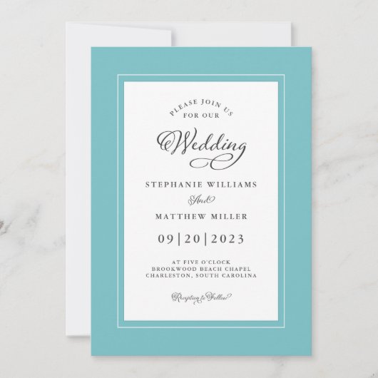 Aqua White Wedding Elegant Calligraphy Chic Lijst Kaart (Voorkant)