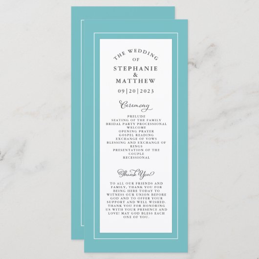 Aqua White Wedding Service Ceremony Elegant Programmakaart (Voorkant / Achterkant)