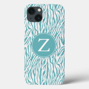 Aqua White Zebra Print Monogram iPhone 13 Hoesje