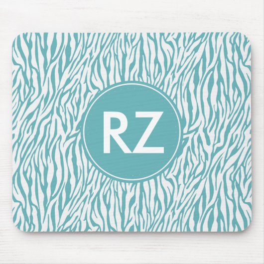 Aqua White Zebra Print monogram Muismat (Voorkant)