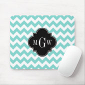 Aqua Wht Chevron Black Quatrefoil 3 Monogram Muismat (Met muis)