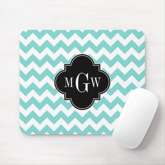 Aqua Wht Chevron Black Quatrefoil 3 Monogram Muismat (Met muis)