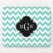Aqua Wht Chevron Black Quatrefoil 3 Monogram Muismat (Voorkant)