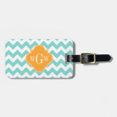 Aqua Wht Chevron Cantaloupe Quatrefoil 3 Monogram Bagagelabel (Voorkant horizontaal)