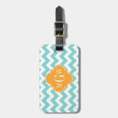 Aqua Wht Chevron Cantaloupe Quatrefoil 3 Monogram Bagagelabel (Voorkant verticaal)