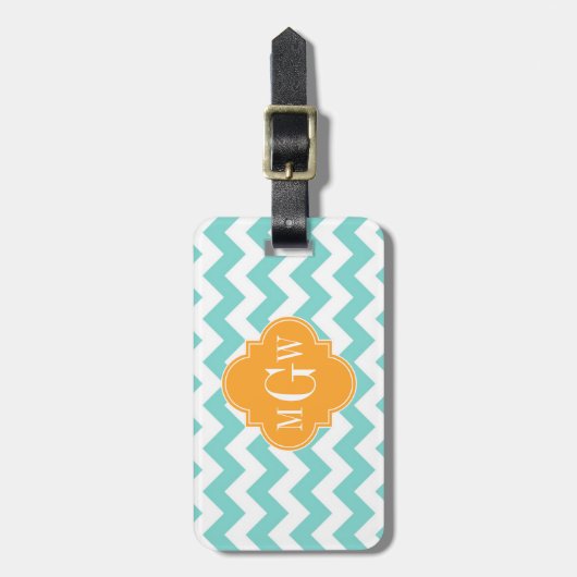Aqua Wht Chevron Cantaloupe Quatrefoil 3 Monogram Bagagelabel (Voorkant verticaal)