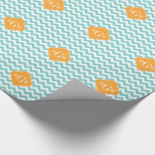 Aqua Wht Chevron Cantaloupe Quatrefoil 3 Monogram Cadeaupapier (Hoek)