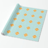 Aqua Wht Chevron Cantaloupe Quatrefoil 3 Monogram Cadeaupapier (Uitgerold)