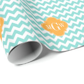 Aqua Wht Chevron Cantaloupe Quatrefoil 3 Monogram Cadeaupapier (Rol Hoek)