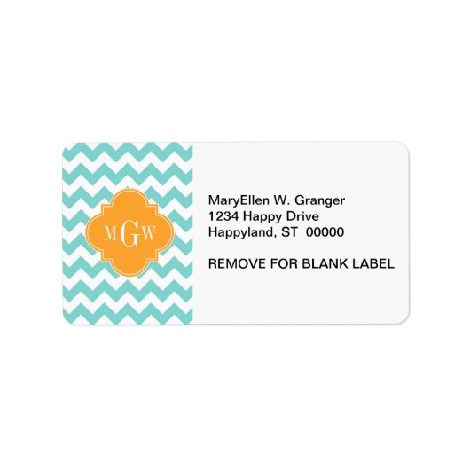 Aqua Wht Chevron Cantaloupe Quatrefoil 3 Monogram Etiket (Voorkant)