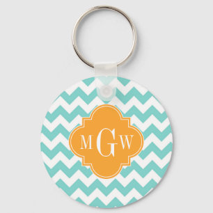 Aqua Wht Chevron Cantaloupe Quatrefoil 3 Monogram Sleutelhanger