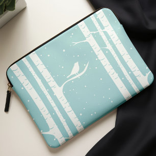 Aqua Winter Berken Bomen en Vogels Laptop Sleeve