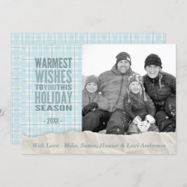 Aqua Winter Plaid Holiday Custom Photo Flat Kaart