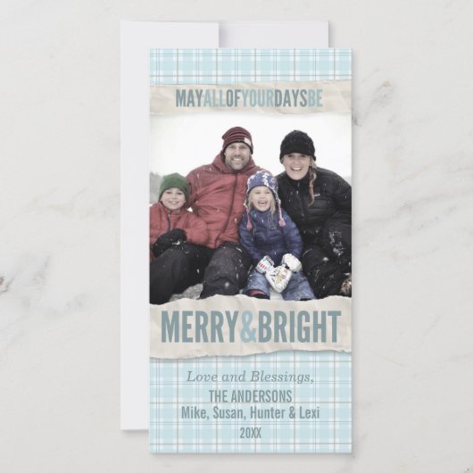 Aqua Winter Plaid Kerstkaart Merry/Bright Holiday (Voorkant)