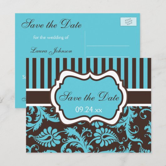 Aqua, wit, bruin Damask Save the Date Kaart (Voorkant / Achterkant)