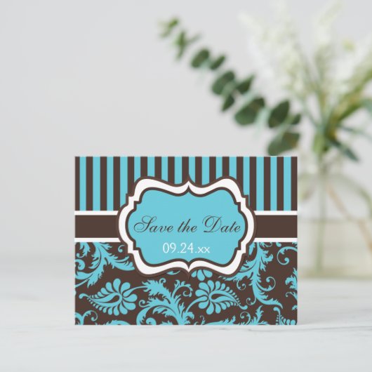 Aqua, wit, bruin Damask Save the Date Kaart (Staand voorkant)
