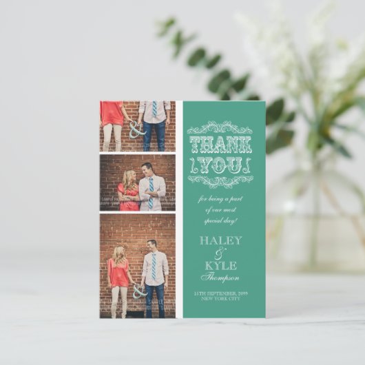  Aqua & Wit Dank u Foto Post Kaart (Staand voorkant)