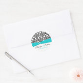 Aqua, wit en zwart Damask 1,5" ronde Sticker (Envelop)