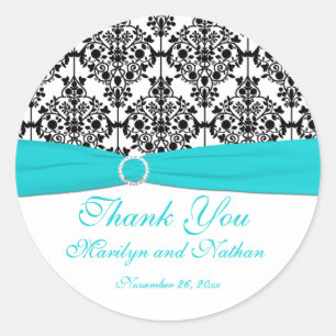 Aqua, wit en zwart Damask 3" ronde Sticker