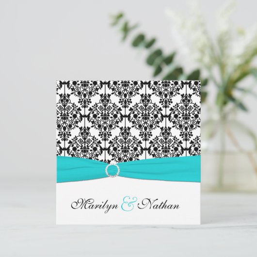 Aqua, wit en zwart Damask bruiloft uitnodiging (Staand voorkant)