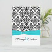 Aqua, wit en zwart Damask II bruiloft uitnodiging (Staand voorkant)