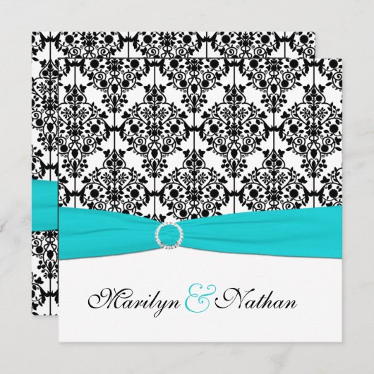 Aqua, wit en zwart Damask Square Invite II Kaart (Voorkant / Achterkant)