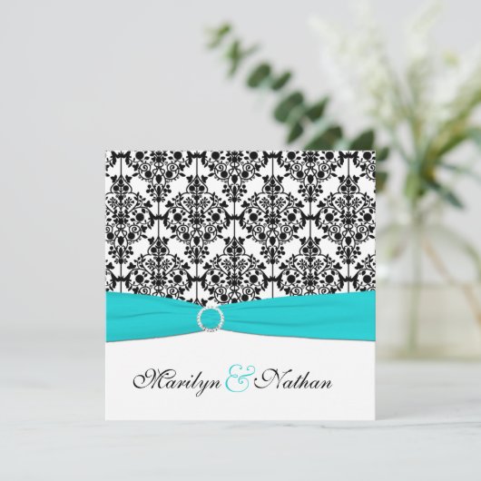 Aqua, wit en zwart Damask Square Invite II Kaart (Staand voorkant)