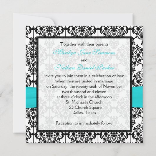 Aqua, wit en zwart Damask Square Invite II Kaart (Achterkant)
