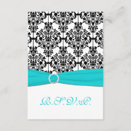 Aqua, Wit en Zwart Damast Antwoordkaart 2 RSVP Kaartje