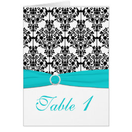 Aqua, Wit en Zwart Damast Tafelnummer Kaart