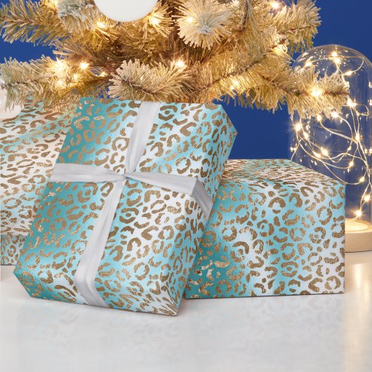 Aqua Wit Goud Luipaard Print Cadeaupapier (Feestdagen)
