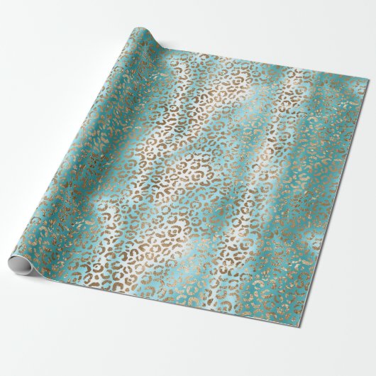 Aqua Wit Goud Luipaard Print Cadeaupapier (Uitgerold)