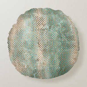 Aqua Wit Goud Snake Print Rond Kussen