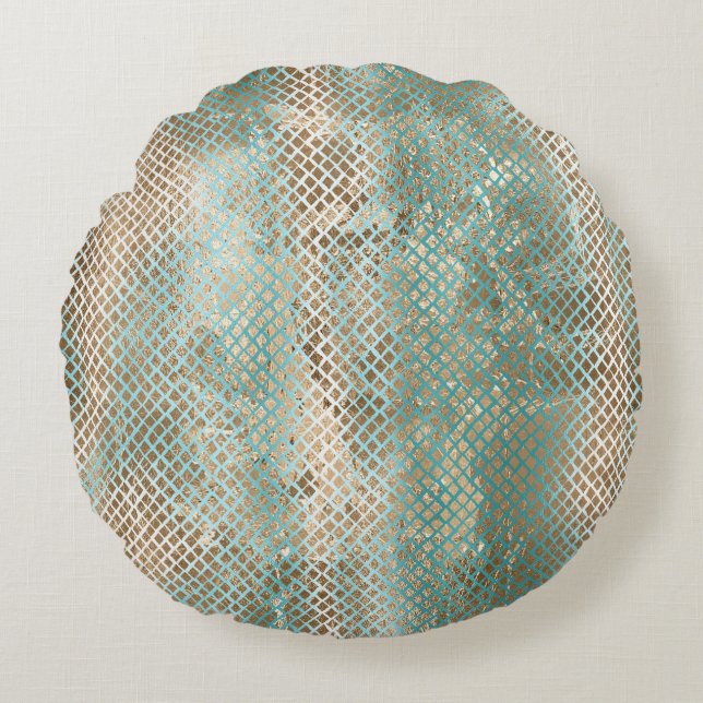 Aqua Wit Goud Snake Print Rond Kussen (Voorkant)