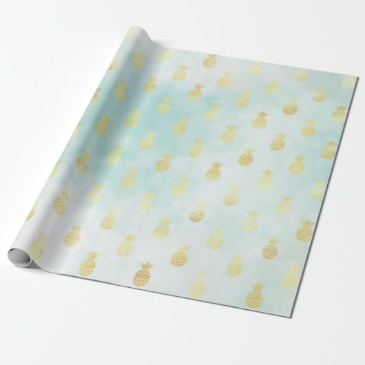 Aqua Wit Goud Tropische Glam Ananas Cadeaupapier (Uitgerold)